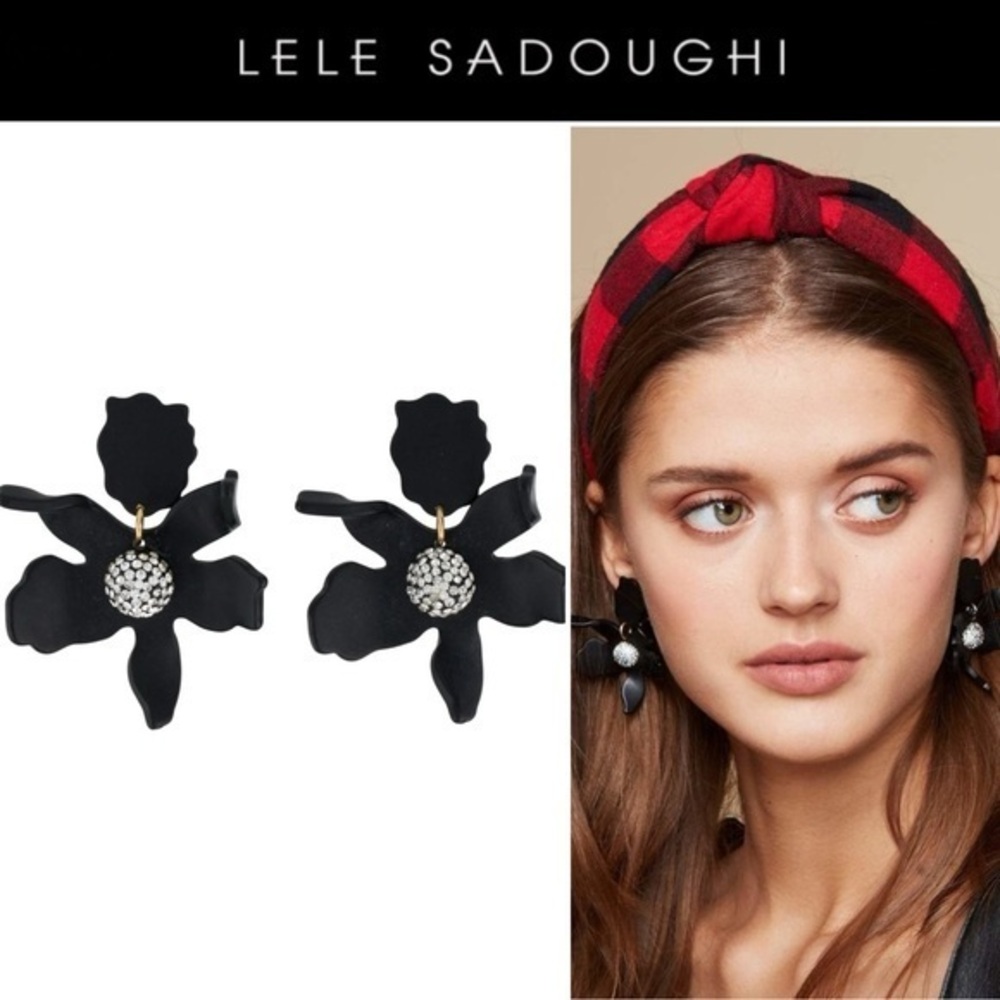 Lele Sadoughi Crystal Lily Drop Black Jet Small Floral Earrings 168$